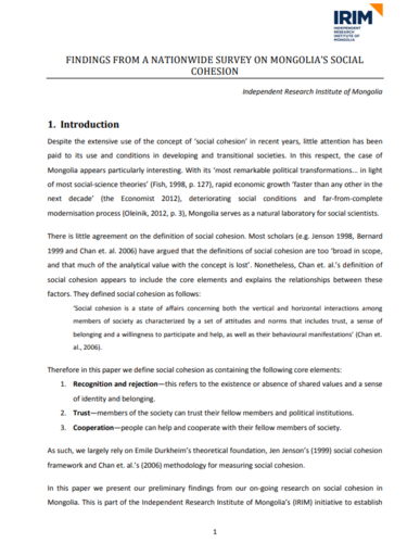 Standout project #9. A nationwide survey on Mongolia's social cohension